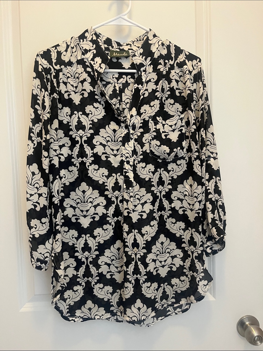 Maude Black and Cream Damask Print Button-Front Blouse